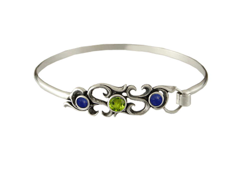 Sterling Silver Filigree Strap Latch Spring Hook Bangle Bracelet With Peridot And Lapis Lazuli